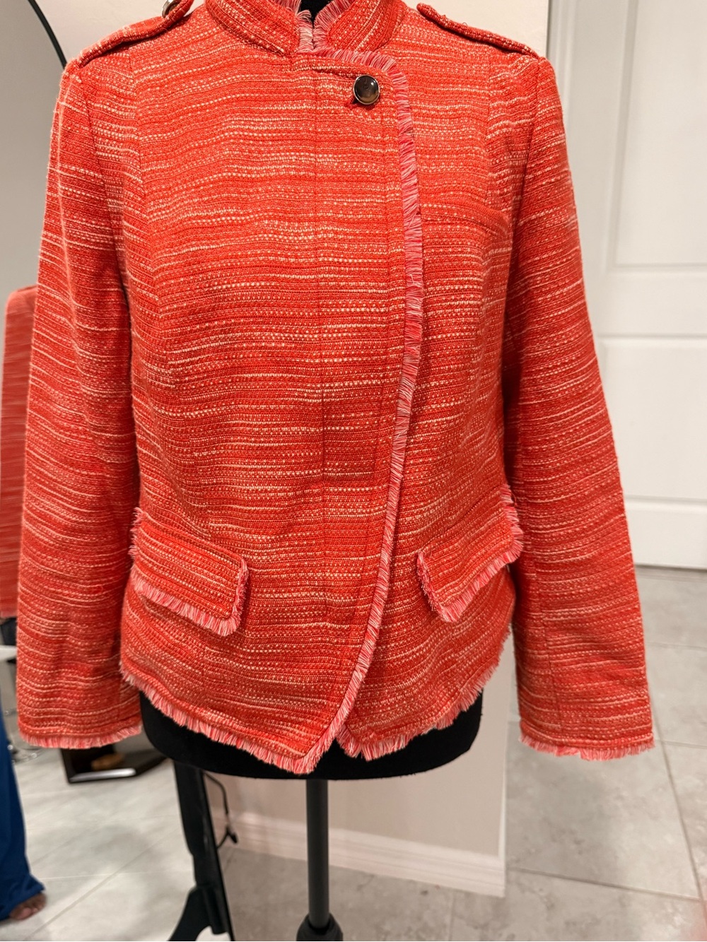 Chico’s Size S Coral Orange Tweed Blazer Fringe Trim Textured Jacket